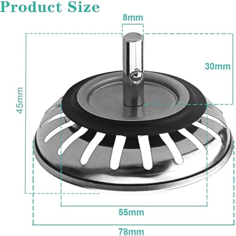 Kitchen Sink Plug Strainer Stainless Steel Rust Universal Sink Plug Replacement Waste Plug Basket for Food/Hair Catcher Hole Diameter 78mm - Image 2